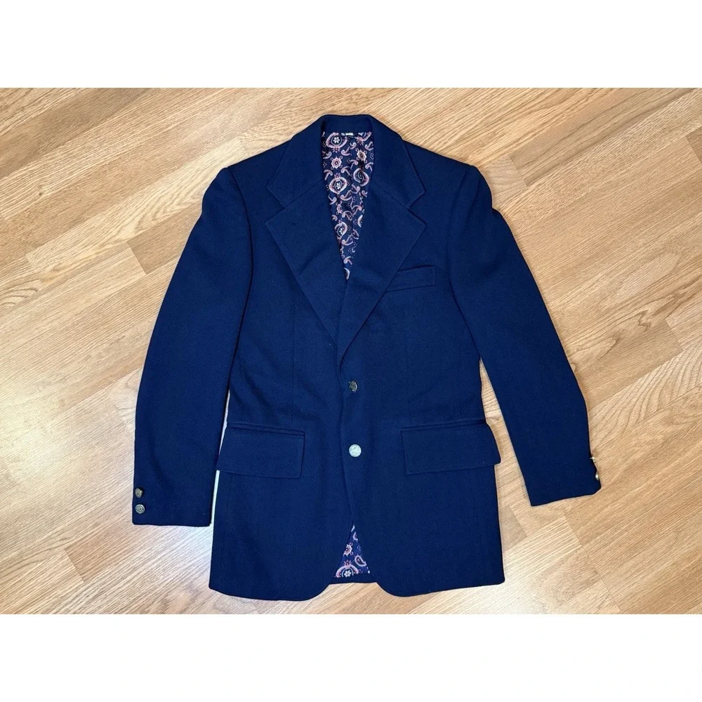 Vintage 70s Men's Polyester Navy Blue 36R Knit Blazer Jacket Textured Old Money